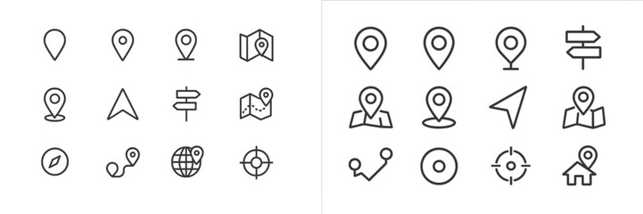 Poster - Various navigation and mapping icons in a simple line art style for modern digital applications