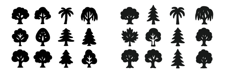 Poster - Various silhouettes of trees and palms arranged in a grid pattern showcasing diverse shapes and textures