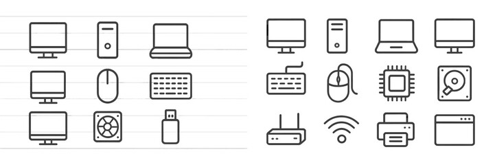 Poster - Collection of digital device icons showcasing various computer and networking equipment arranged in two groups