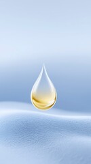 Poster - Transparent water droplet suspended above a smooth, soft surface with gentle curves, reflecting light and creating a serene atmosphere of purity and freshness