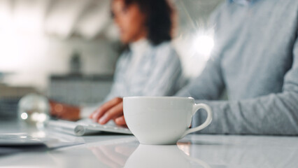 Aufkleber - Hands, mug or closeup of coffee in office with caffeine, cappuccino or espresso in morning. Business, drink or person typing on keyboard with latte, beverage or tea for energy in company workplace