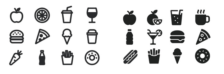 Aufkleber - Various food and drink icons representing popular snacks and beverages commonly enjoyed in casual settings