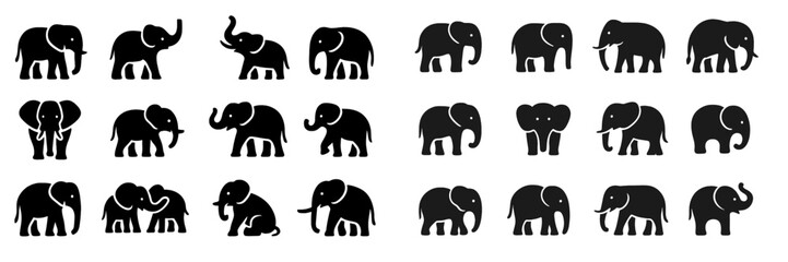 Poster - Black silhouettes of elephants in various poses showcasing their unique behaviors and interactions in a stylized design