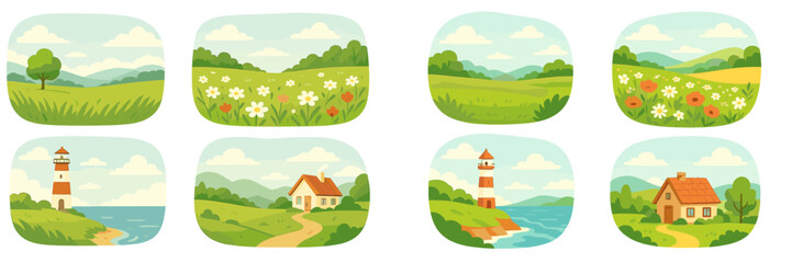 Poster - Scenic countryside landscape featuring lush fields, colorful flowers, and charming lighthouses along the coast