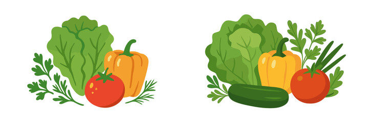 Aufkleber - Colorful assortment of fresh vegetables featuring lettuce, peppers, tomatoes, and cucumber on a white background