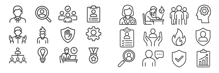 Aufkleber - Collection of minimalist icons representing various professional activities and concepts related to business and healthcare situations during daytime
