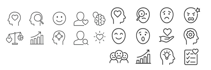 Poster - Icons representing emotions, mental health, and human connections in a simple line art style