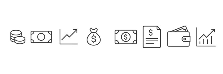 Poster - Financial icons representing money management, investment growth, and budgeting strategies in a minimalist design