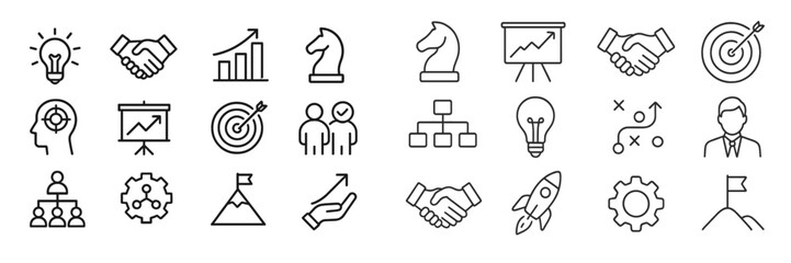 Poster - Business strategy icons depicting teamwork, analysis, and innovation in a modern professional setting