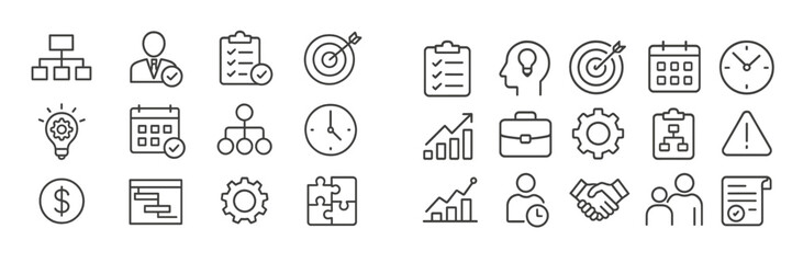 Poster - Collection of business and productivity icons illustrating various concepts like teamwork, time management, and planning