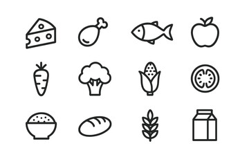 Aufkleber - Variety of food items illustrated in simple line art featuring meat, vegetables, and dairy products for healthy eating guidance