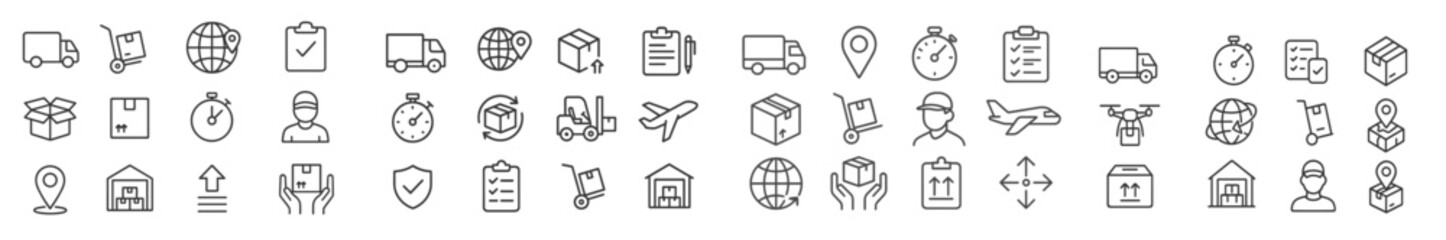 Poster - Delivery and logistics icons representing various aspects of shipping, tracking, and transportation management in a simple layout