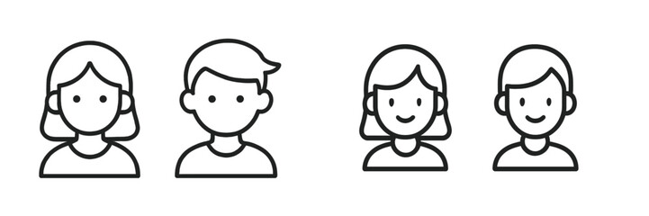 Aufkleber - Simple line drawings of four diverse characters showcasing various expressions, portraying emotions of joy and neutrality in a minimalistic style
