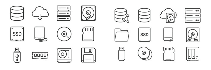 Fototapete - Collection of various data storage icons including SSD, hard drives, and cloud servers showing modern digital technology tools