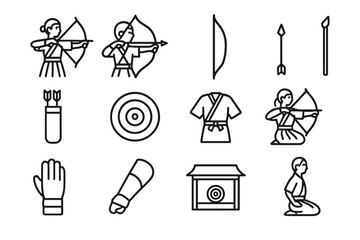 Poster - Archery practice set with equipment, targets, and traditional attire showcased in simple line art