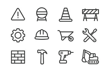 Poster - Construction icons representing safety, tools, and equipment for building projects in a simplified design style
