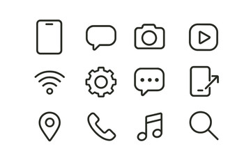 Poster - Collection of modern technology and communication icons arranged in a grid format with simple line designs reflecting digital connectivity