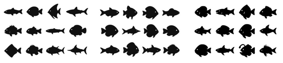 Poster - Silhouettes of various fish swimming in formation against a light background
