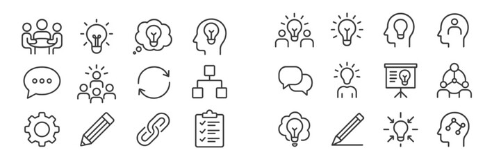 Leinwandbilder - Graphic icons representing ideas, collaboration, and brainstorming in a modern workspace setting