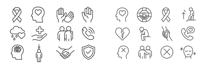 Aufkleber - Collection of mental health and support icons illustrating various aspects of emotional well-being and human connection