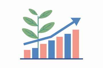 Poster - Conceptual illustration of growth as a plant rising above a bar graph symbolizing upward trends and market