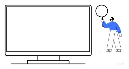 Poster - man pointing to speech bubble near desktop screen with minimalist lines and blue accents. ideal for 