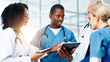 © peopleimages.com - Feedback, medical or tablet with doctors and nurses in hospital together for discussion or report. Agenda, collaboration and healthcare with professional medicine team in clinic for diagnosis review