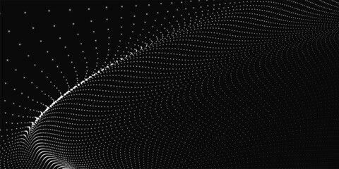 Fototapete - Futuristic dot wave. Abstract digital particle wave. Black and white music wave. Dark background. Digital background with smooth wavy curves. 3D rendering