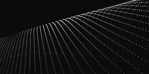 Fototapete - Futuristic dot wave. Abstract digital particle wave. Black and white music wave. Dark background. Digital background with smooth wavy curves. 3D rendering