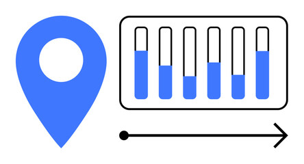 Poster - blue location pin next to a bar chart featuring five progress bars and an arrow for forward directio