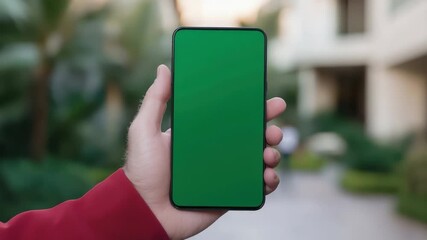 Poster - Hand holding modern smartphone with blank green screen in outdoor setting with blurred background