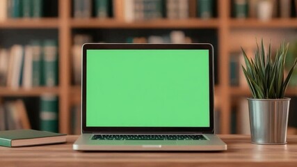 Poster - Modern laptop on wooden table against a blurred library background with green screen ready for mockup display