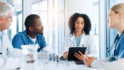 Poster - Woman, doctors and meeting with tablet at hospital, review and planning with report for virus. People, medical staff and team with feedback, application and talk for solution in boardroom at clinic