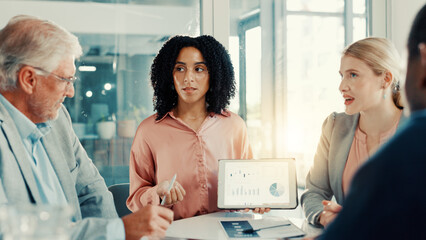 Aufkleber - Proposal, business woman and tablet screen with graph in meeting, investment stats or planning. Office, analyst and team brainstorming with technology for financial data, metrics and presentation