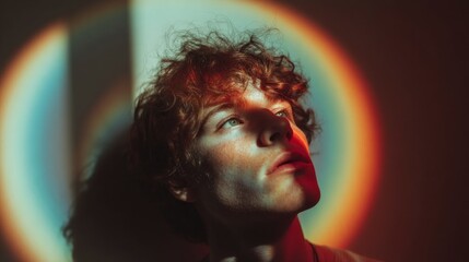Poster - A young man looks upward, illuminated by a soft rainbow halo effect around him. The gentle bokeh background enhances the ethereal quality of the moment, creating a dreamy atmosphere