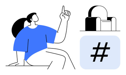 Poster - seated woman in blue shirt gesturing upward, black and white chair, and metadata tag icon on light b