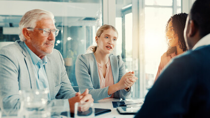 Aufkleber - Business people, group and discussion of ideas in office for financial insurance or strategy. Team, meeting and conversation for planning, brainstorming policy or project for risk management solution