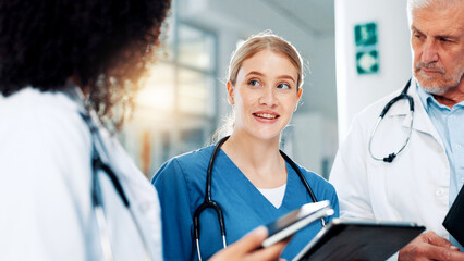 Poster - Medical, smile or tablet with doctors and nurses in hospital together for discussion or report. Healthcare, insurance and meeting with happy professional medicine team in clinic for diagnosis review