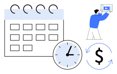 Poster - calendar with highlighted clock and money symbol, man holding video player screen. ideal for time pl