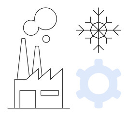 Poster - factory with emitting chimneys, a geometric snowflake, and a gear icon, reflecting themes of manufac
