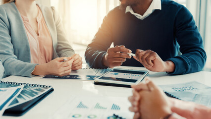 Leinwandbilder - Hands, business people and discussion on tablet with data, investment metrics or planning. Office, team or brainstorming with charts on tech, financial stats or performance analysis with kpi tracking
