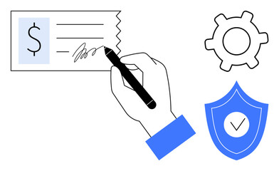 Poster - hand signing a check with dollar sign, gear for operations, and shield with tick for security. ideal