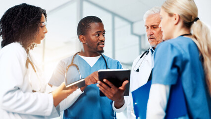 Poster - Medical, planning or tablet with doctors and nurses in hospital together for discussion or report. Feedback, healthcare and insurance with professional medicine team in clinic for diagnosis review