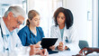 © peopleimages.com - Tablet, meeting and team of doctors in hospital boardroom with medical report for treatment planning. Digital technology, research and group of healthcare workers with surgery schedule in clinic.