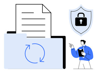 Poster - data folder with circular arrow and document symbolizing backup, shield with lock for security, pers