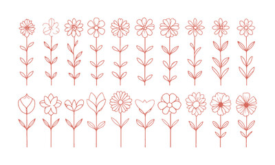 Poster - A collection of minimal modern vector-style flower illustrations,  Include a wide variety of stylized flower designs with different petal shapes and arrangements, easily scalable and editable.