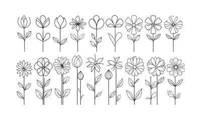 Poster - A collection of minimal modern vector-style flower illustrations,  Include a wide variety of stylized flower designs with different petal shapes and arrangements, easily scalable and editable.