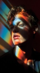 Poster - A serious teenager stands in shadows, their face partially illuminated by vibrant light patterns from nearby reflections. The setting appears intimate and contemplative