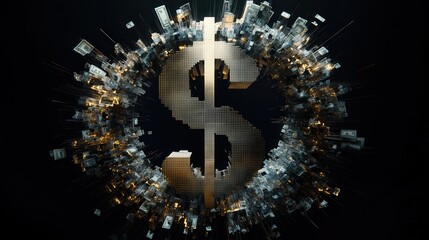 Aufkleber - A digital dollar symbol made up of pixelated fragments, demonstrating the integration of technology and finance in today's economy.