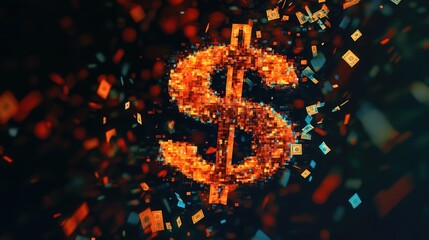 Aufkleber - A digital dollar symbol made up of pixelated fragments, demonstrating the integration of technology and finance in today's economy.